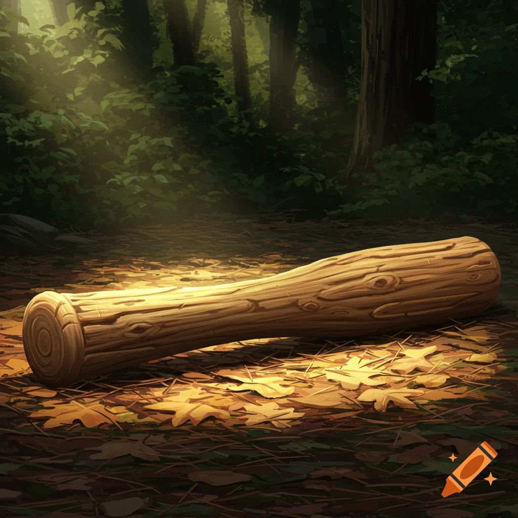 A thick log shaped like a baseball bat lies on a leaf-strewn forest floor, illuminated by sunbeams.