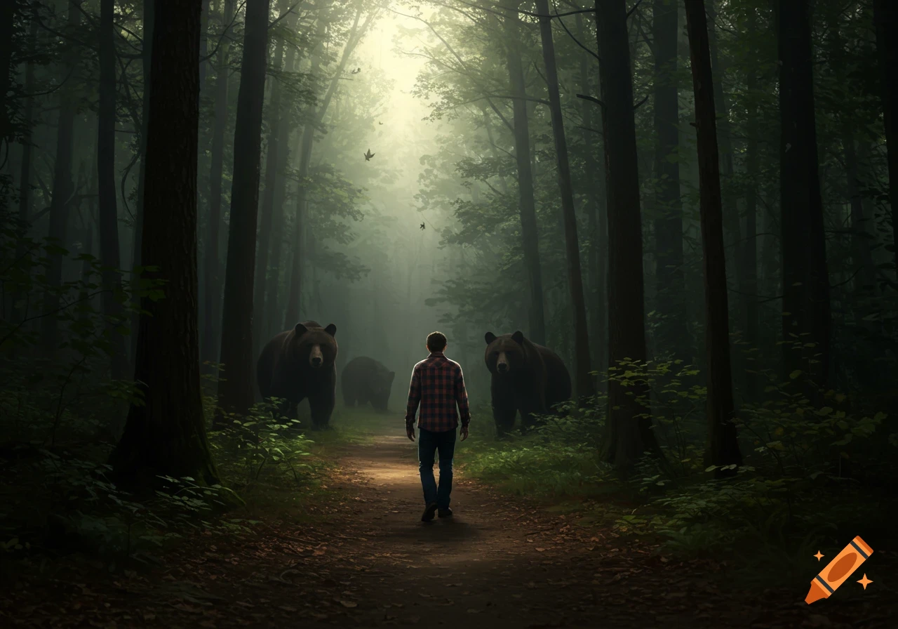 Man walks on a path through a dark forest with bears watching from the sides.
