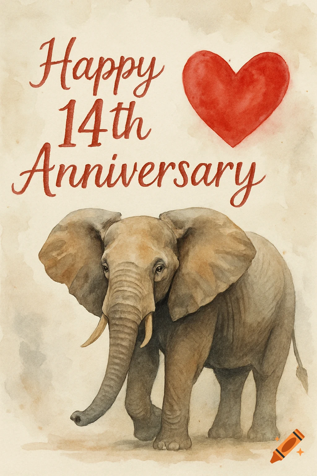 Watercolor illustration of an elephant, a heart, and 'Happy 14th Anniversary' text on a card.