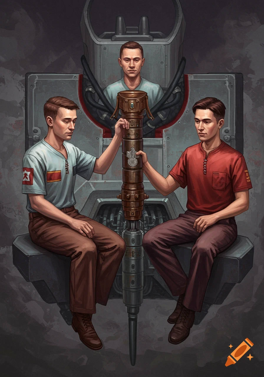 Three men in worker-style clothing sit around a large industrial machine structure.
