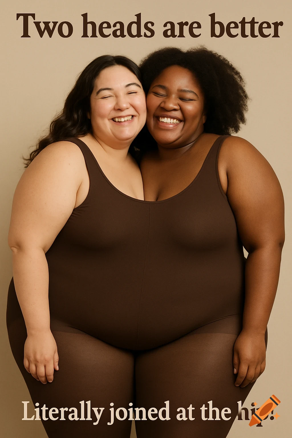 Two smiling women appear merged into a single body in a brown bodysuit and tights.