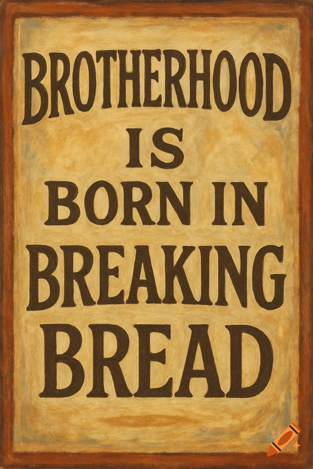 Hand-painted sign with the text 'Brotherhood is born in breaking bread'.