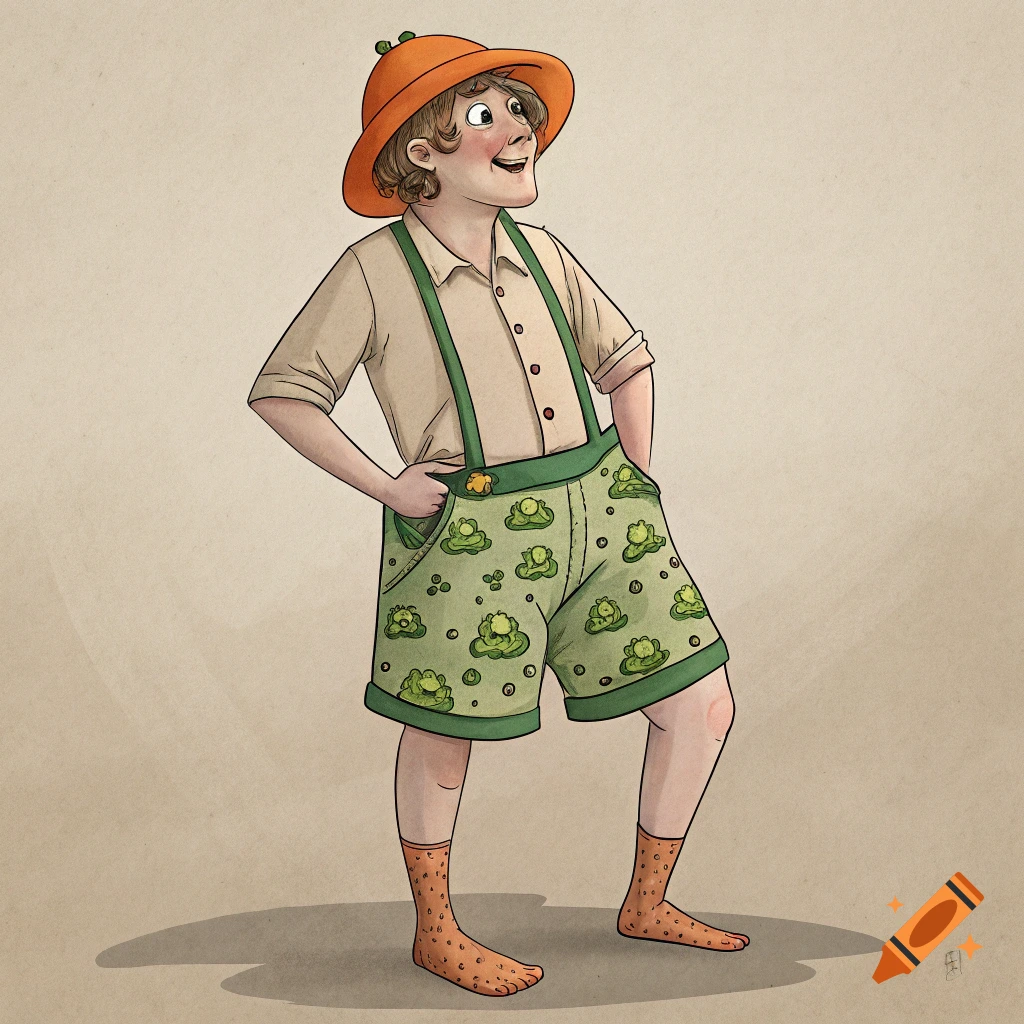Illustration of a person in an orange hat, suspenders, and frog-patterned shorts, smiling.