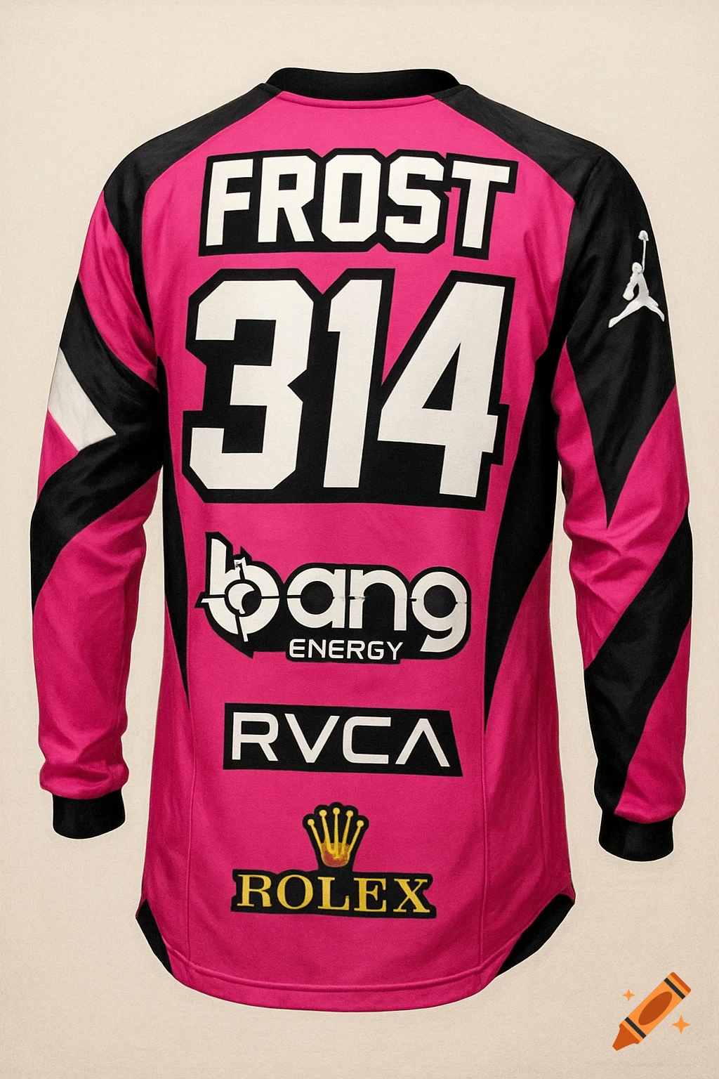 Back of a neon pink motocross jersey with black and white accents, featuring the name FROST, number 314, and logos for Bang Energy, RVCA, Jordan, and Rolex.