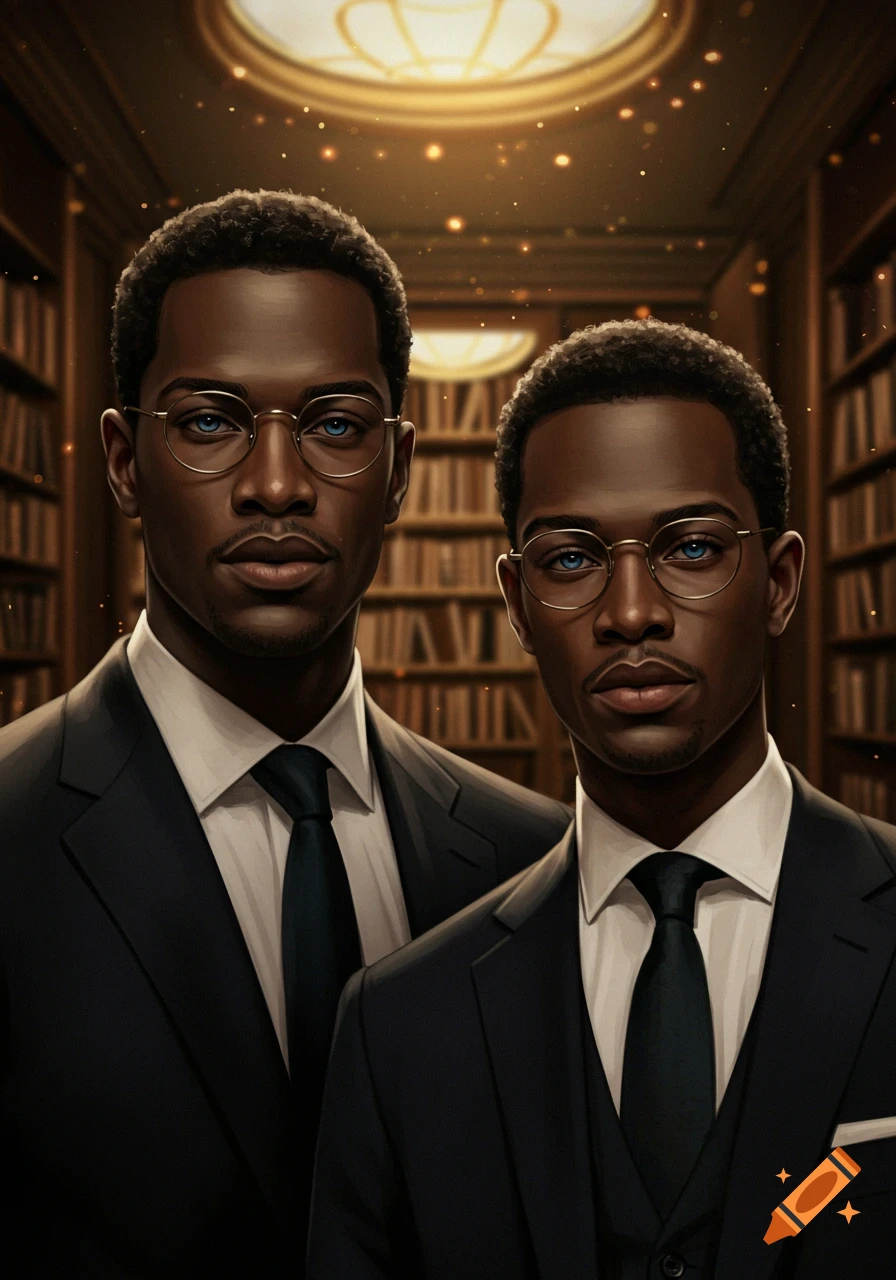 Two handsome men in suits and glasses with blue eyes stand in a library.
