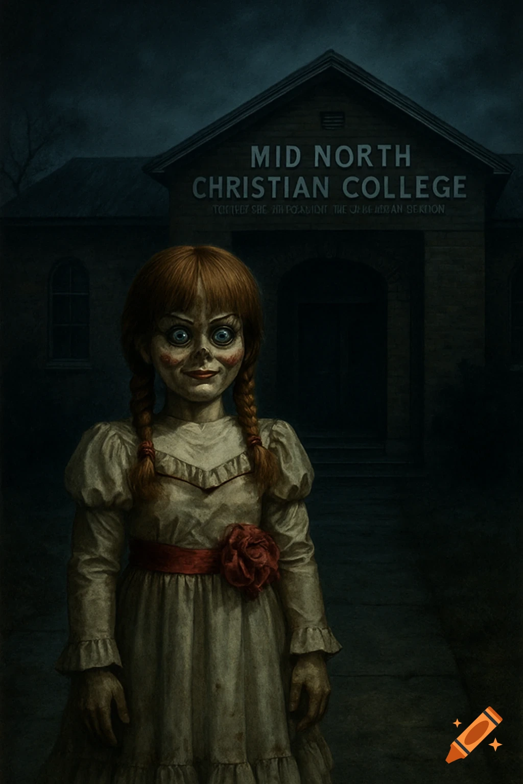 A creepy Annabelle doll stands in front of a dark building at night.