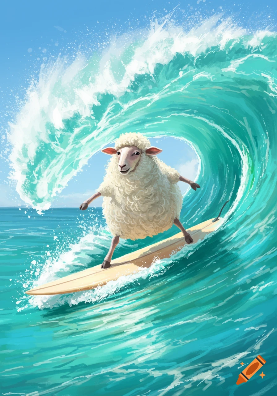 A fluffy sheep surfs a large turquoise wave.