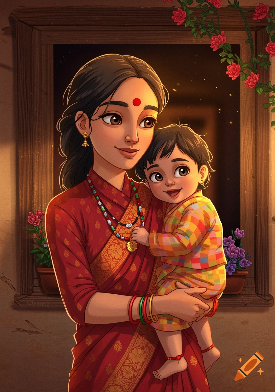 Animated illustration of a smiling Nepali mother in a red saree holding a happy baby.