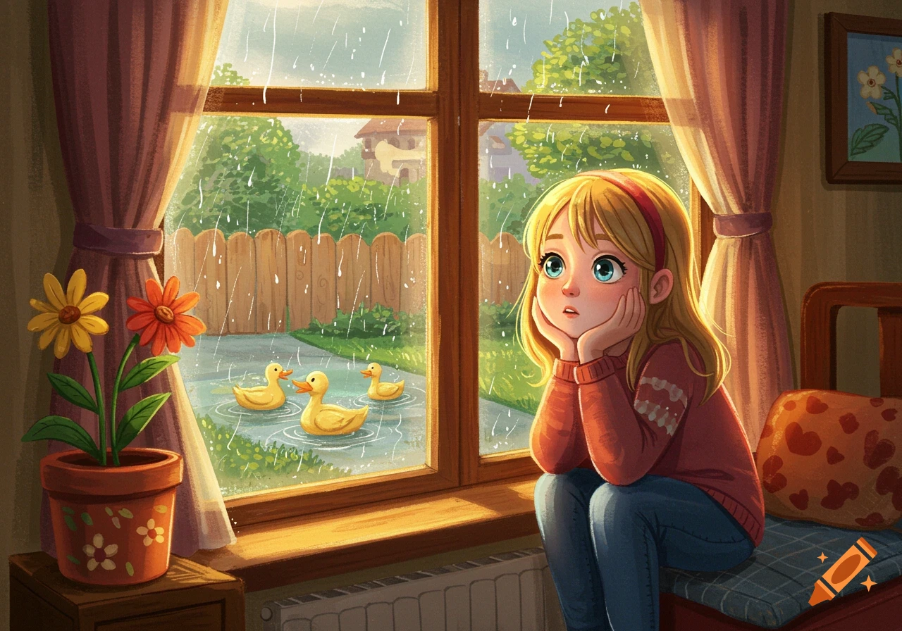 Cartoon illustration of a girl looking out a window at ducks swimming in the rain.