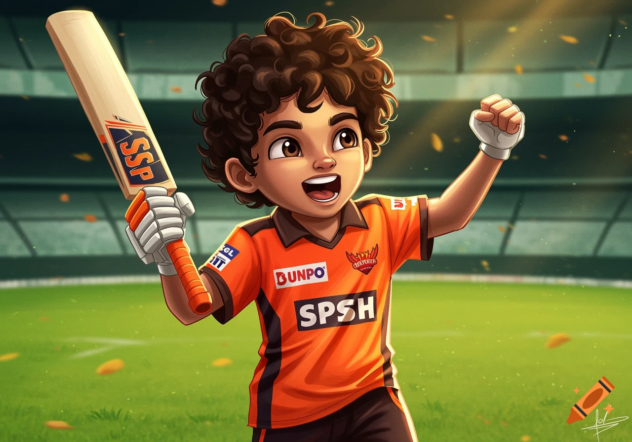 Cartoon illustration of an Indian boy in an orange cricket uniform, holding a bat and cheering in a stadium.