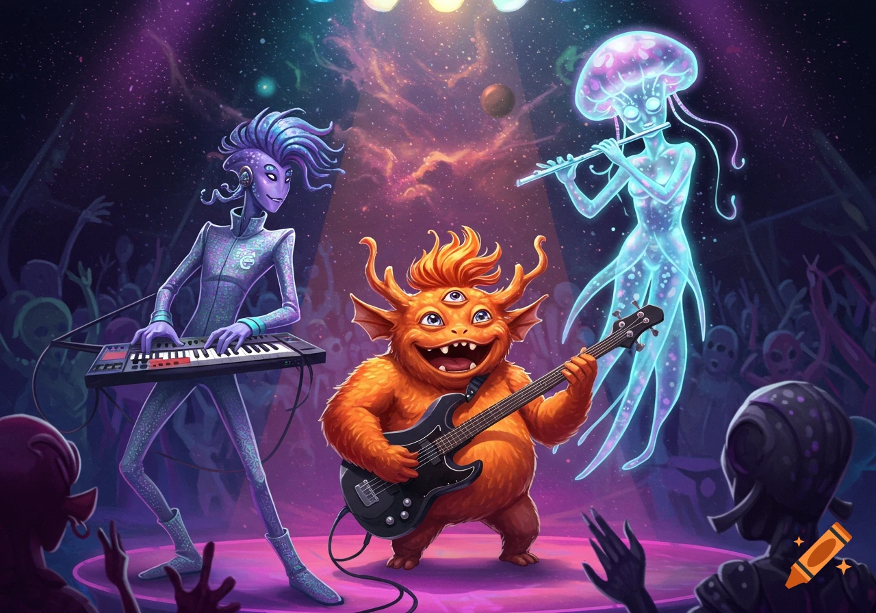Vibrant illustration of an alien band playing on a stage in space. A purple alien plays keyboard, an orange three-eyed alien plays bass, and a glowing blue jellyfish-like alien plays flute.