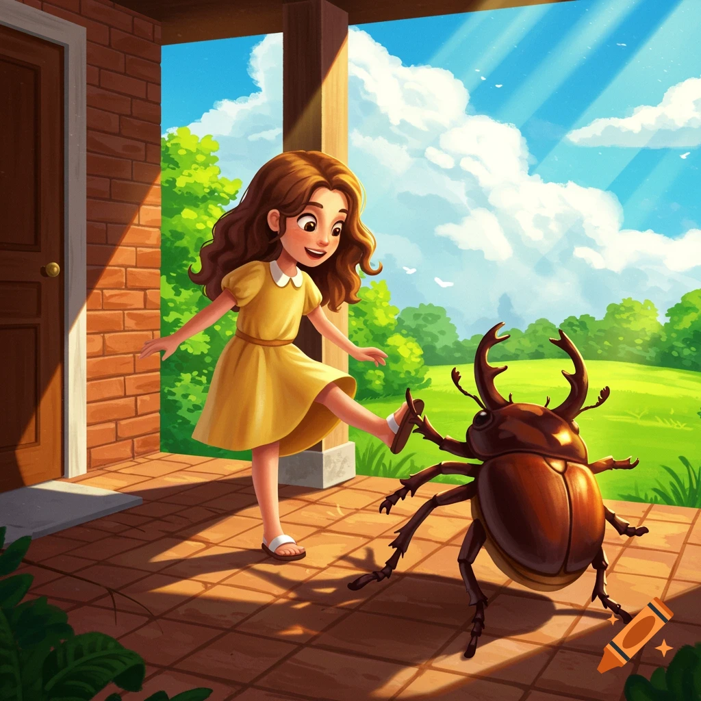A cartoon illustration of a girl kicking a giant beetle on a sunny porch.