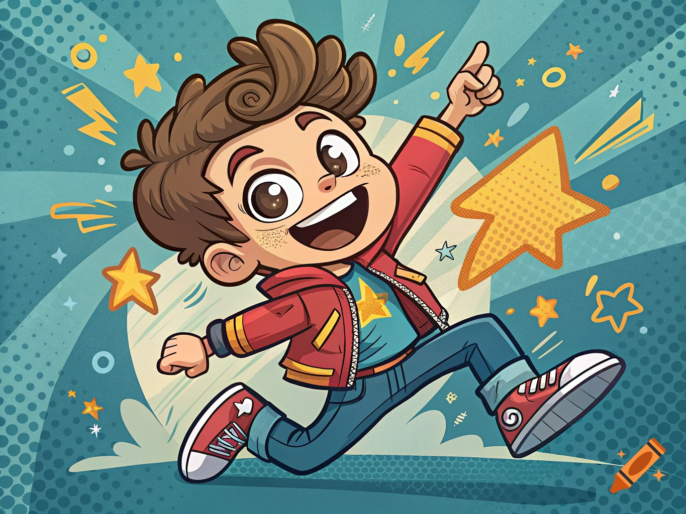 Cartoon boy jumping and pointing with stars and dynamic background.