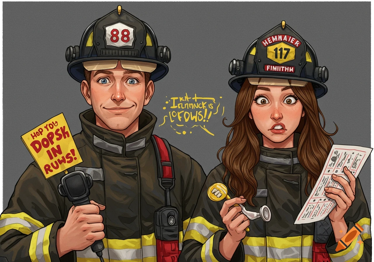 Cartoon illustration of a male and female firefighter holding a microphone and paper, making funny faces.