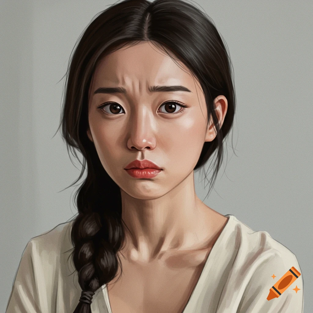 A realistic drawing of a young woman with a worried expression.
