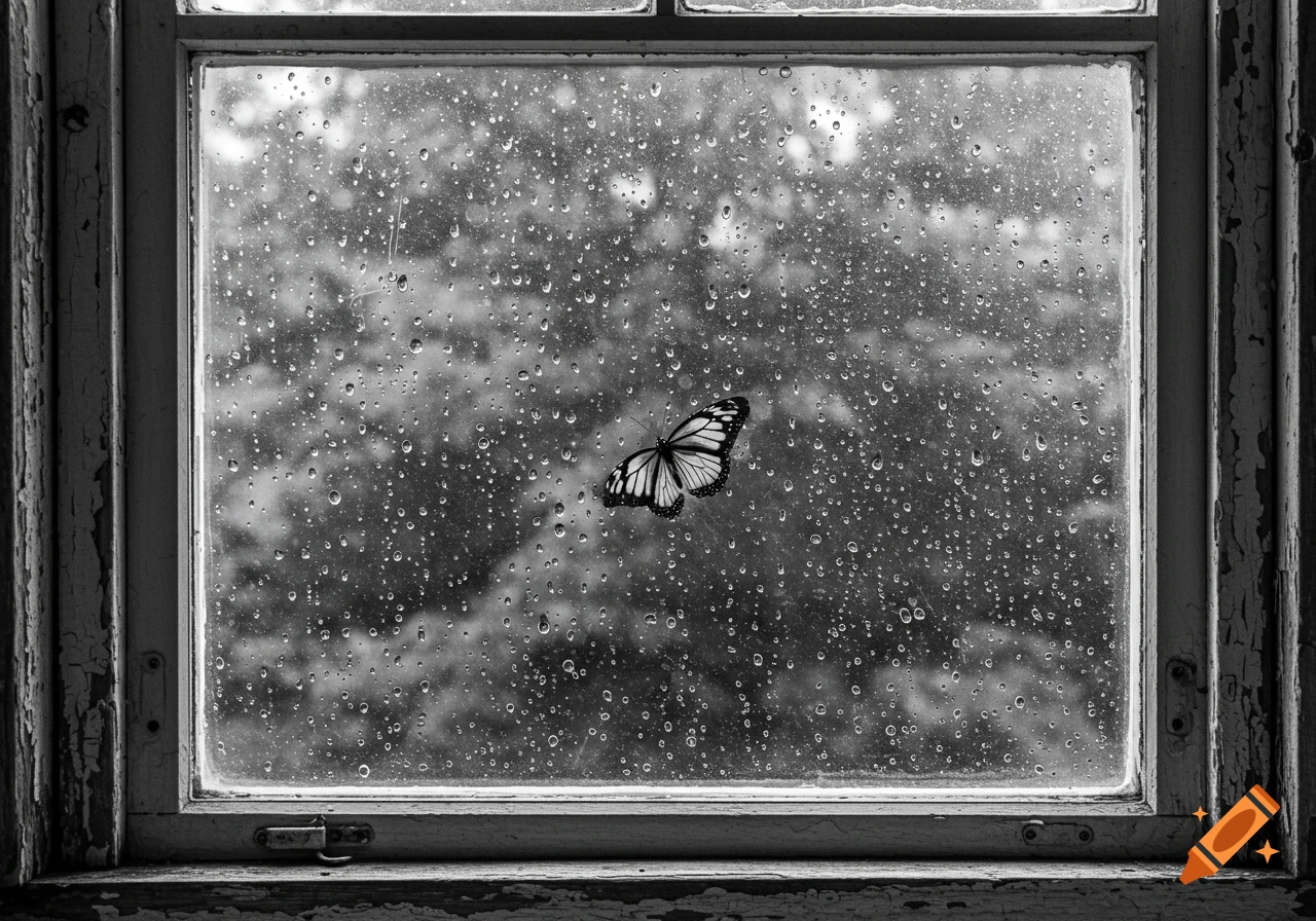 Black and white photo of a butterfly on a rainy windowpane with an old frame