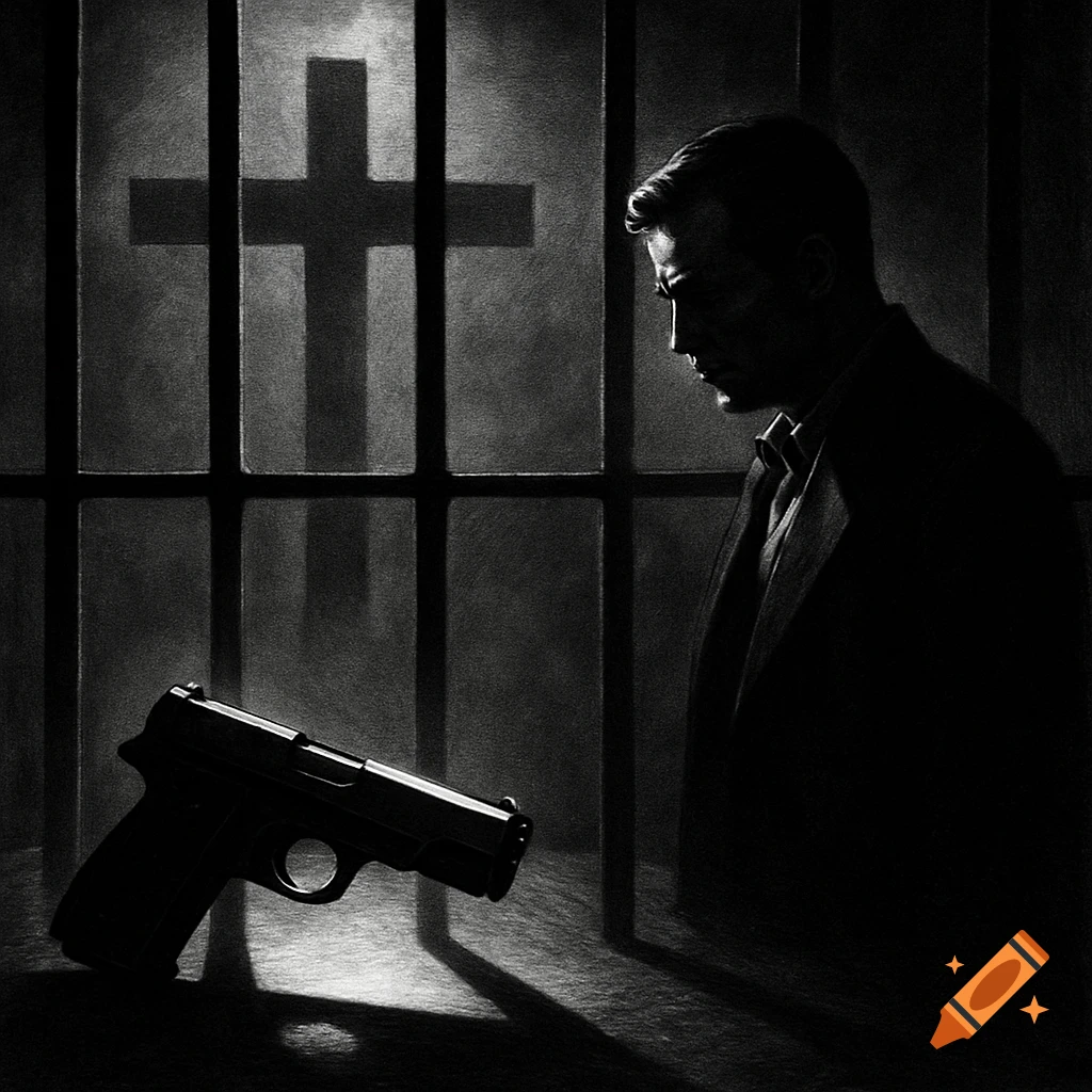 Black and white film noir illustration of a man, a gun, and a cross shadow through bars.