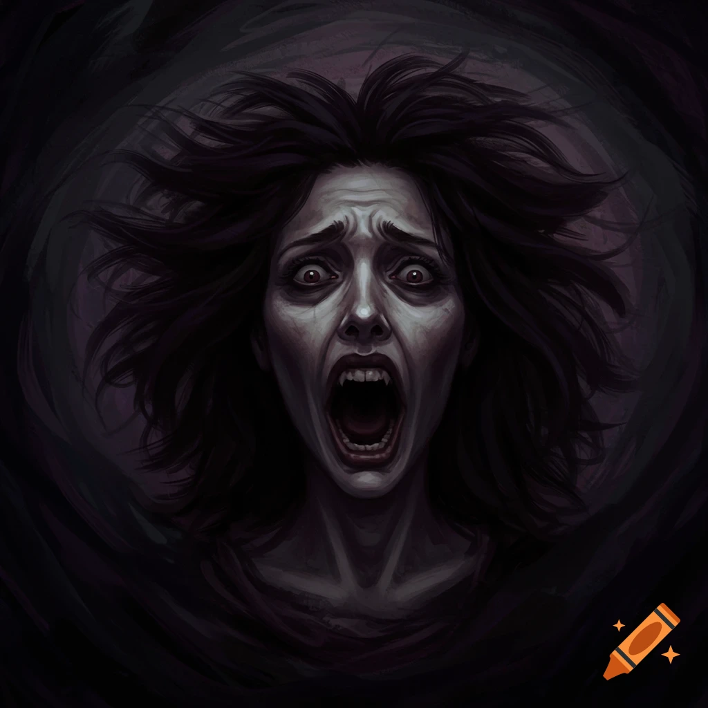 A stylized portrait of a person screaming in terror against a dark background.