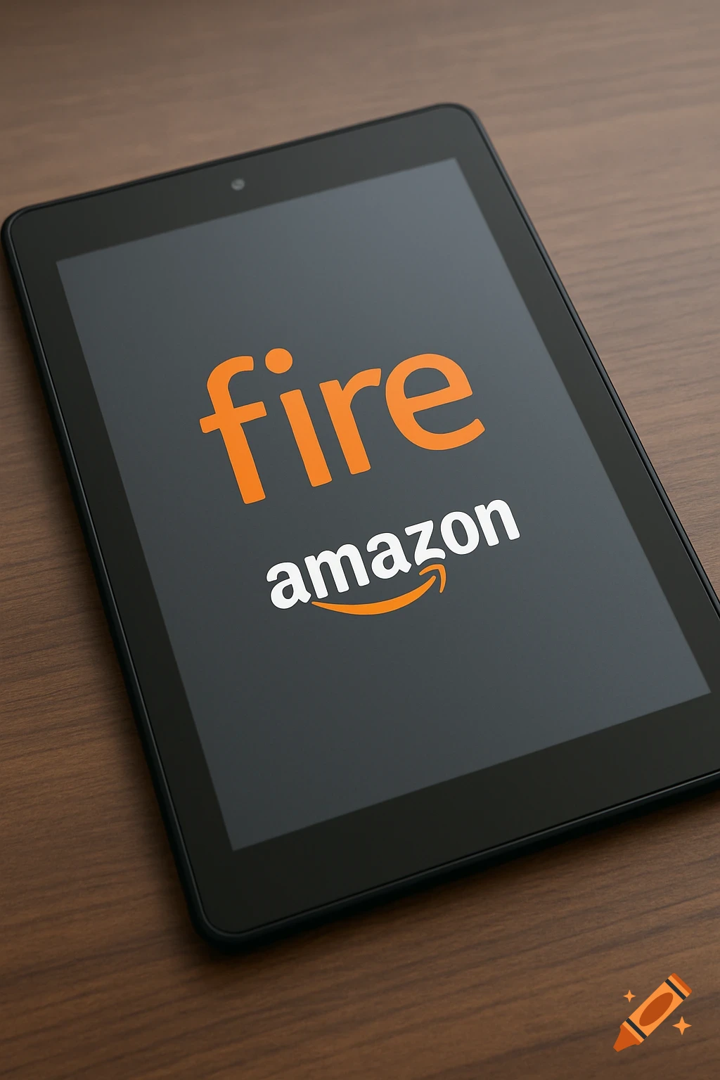 A close-up of a black tablet displaying the orange 'fire' and white 'amazon' logos on a wooden surface.