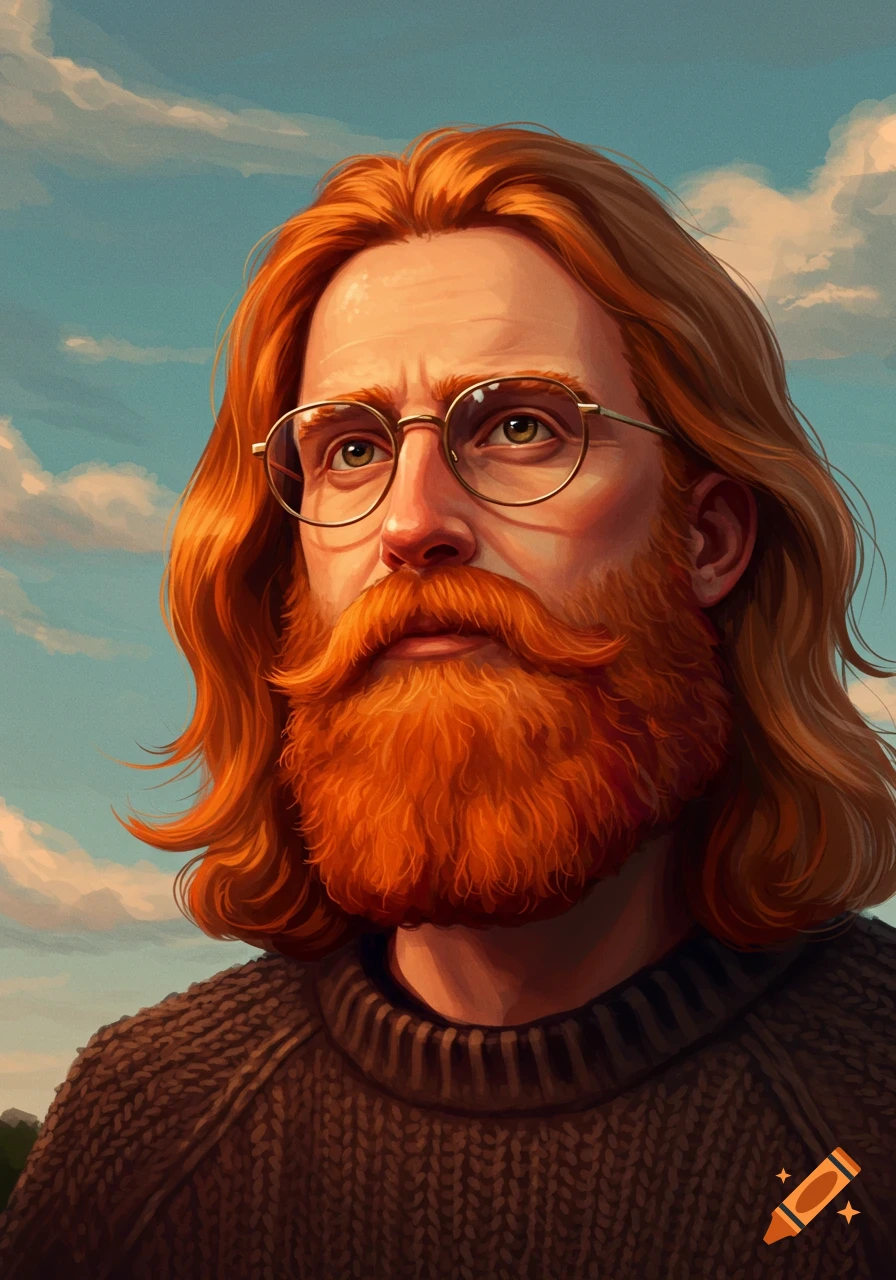 Illustration of a man with an orange beard, glasses, and long auburn hair against a cloudy sky.