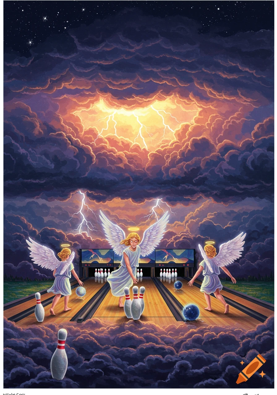 Angels bowling outdoors during a thunderstorm with lightning.