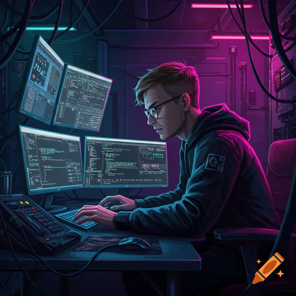 A person sits at a desk with multiple monitors displaying code, typing on a keyboard in a dark room with neon lights.