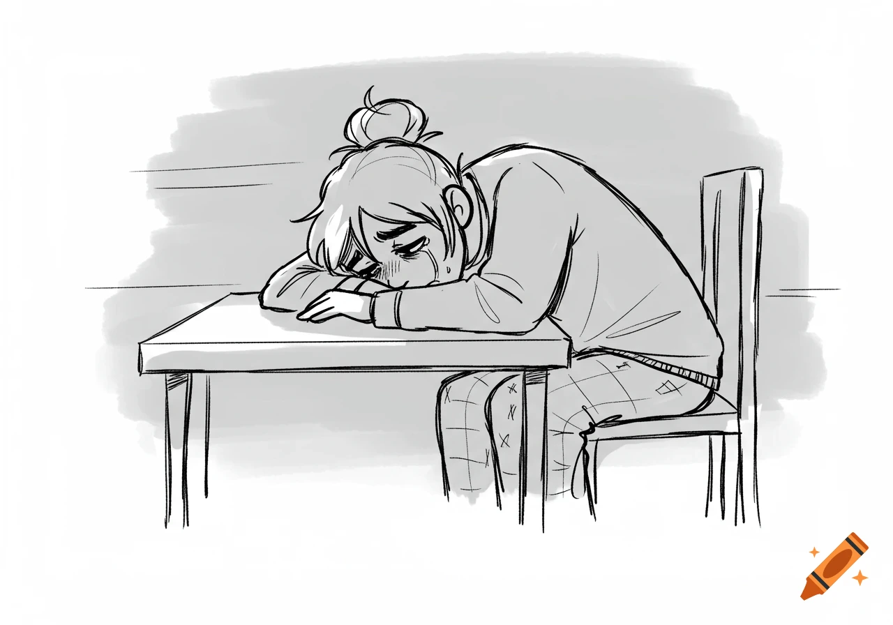 Sketch of a person slumped over a table, crying.