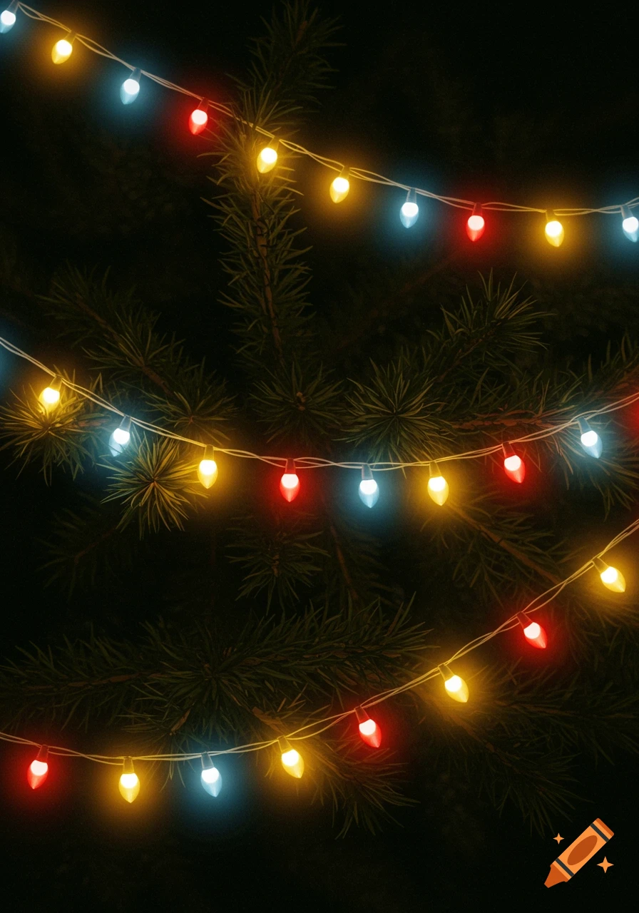 Colorful Christmas lights on a tree branch
