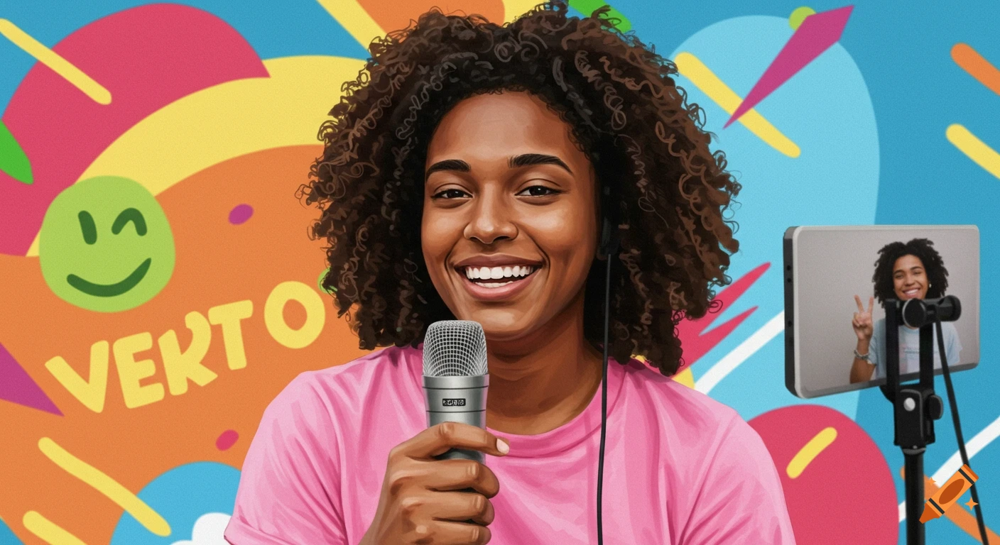 A smiling woman with curly hair holds a microphone, with a colorful abstract background and a phone screen showing her giving a peace sign.