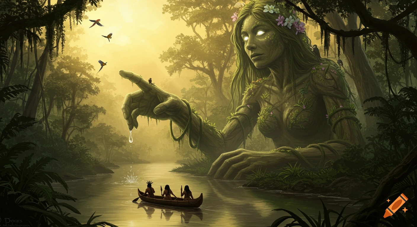 Giant nature spirit emerges from a rainforest river as people paddle a canoe, oil painting style.
