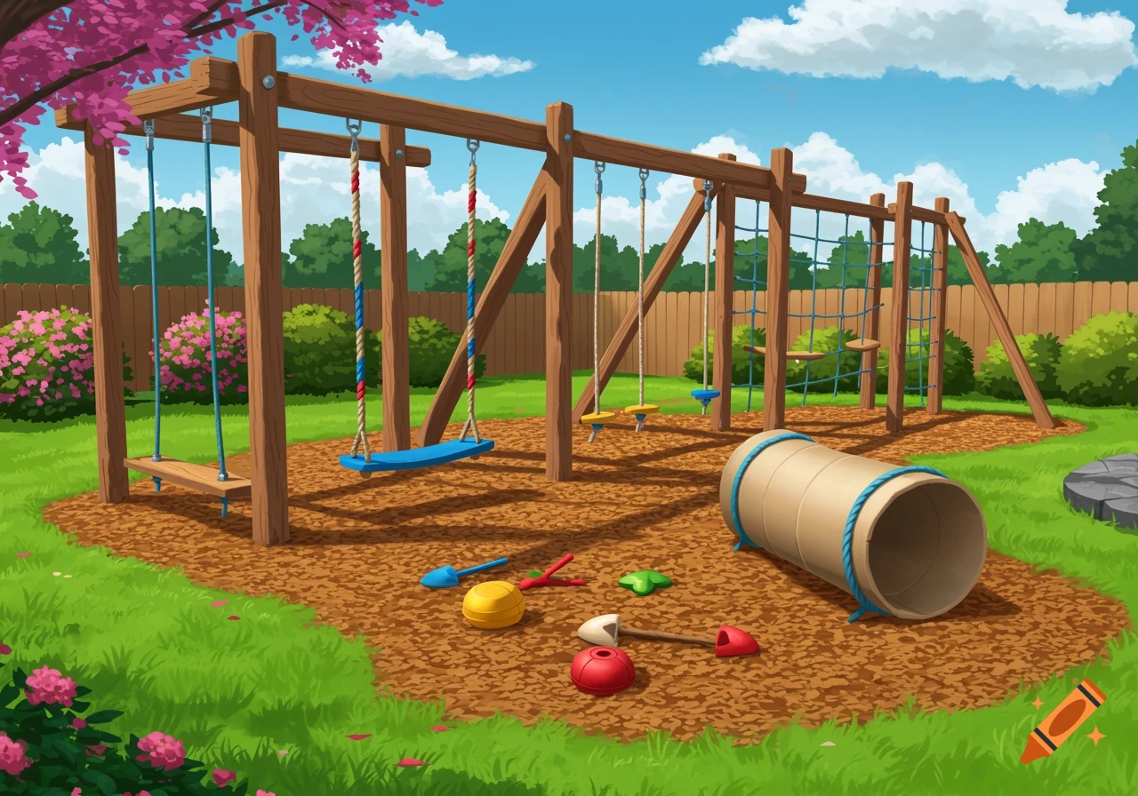 Colorful illustration of a backyard playground with swings, climbing net, tunnel, and toys on mulch.
