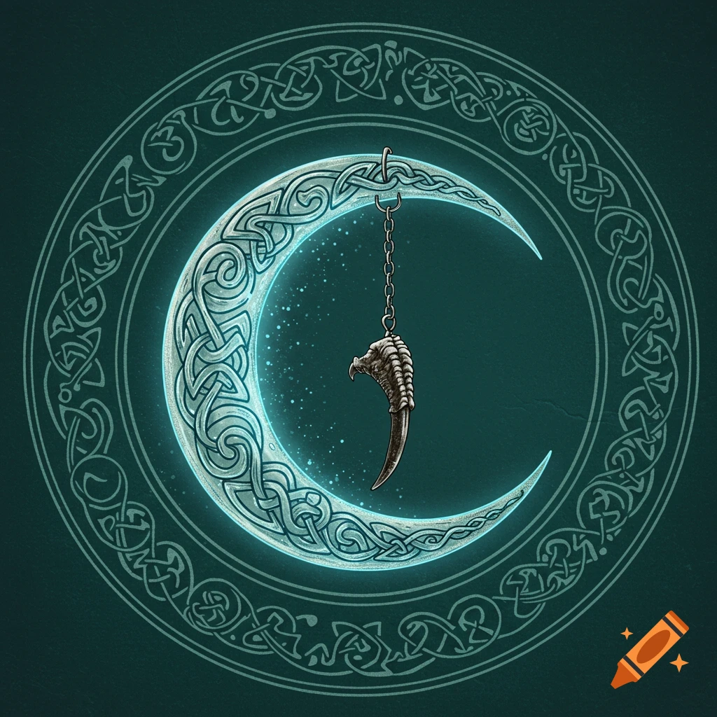 A crescent moon with a glowing blue edge hangs within a circular Celtic knot border. A talon dangles from the moon.