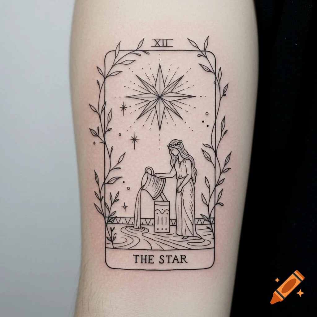 Black and white fine line tattoo design of the Star tarot card with a figure pouring water under a large star, framed by vines, on an arm.