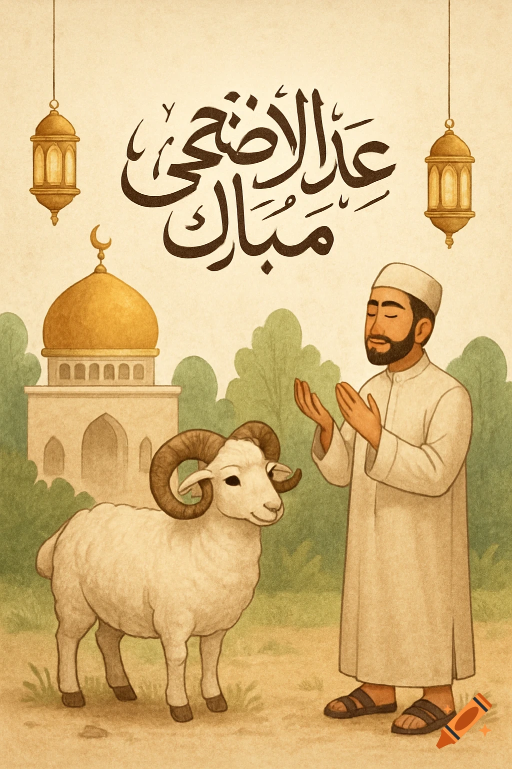Illustration of a man praying beside a sheep near a mosque, with Arabic calligraphy 'Eid al-Adha Mubarak', in a watercolor style.