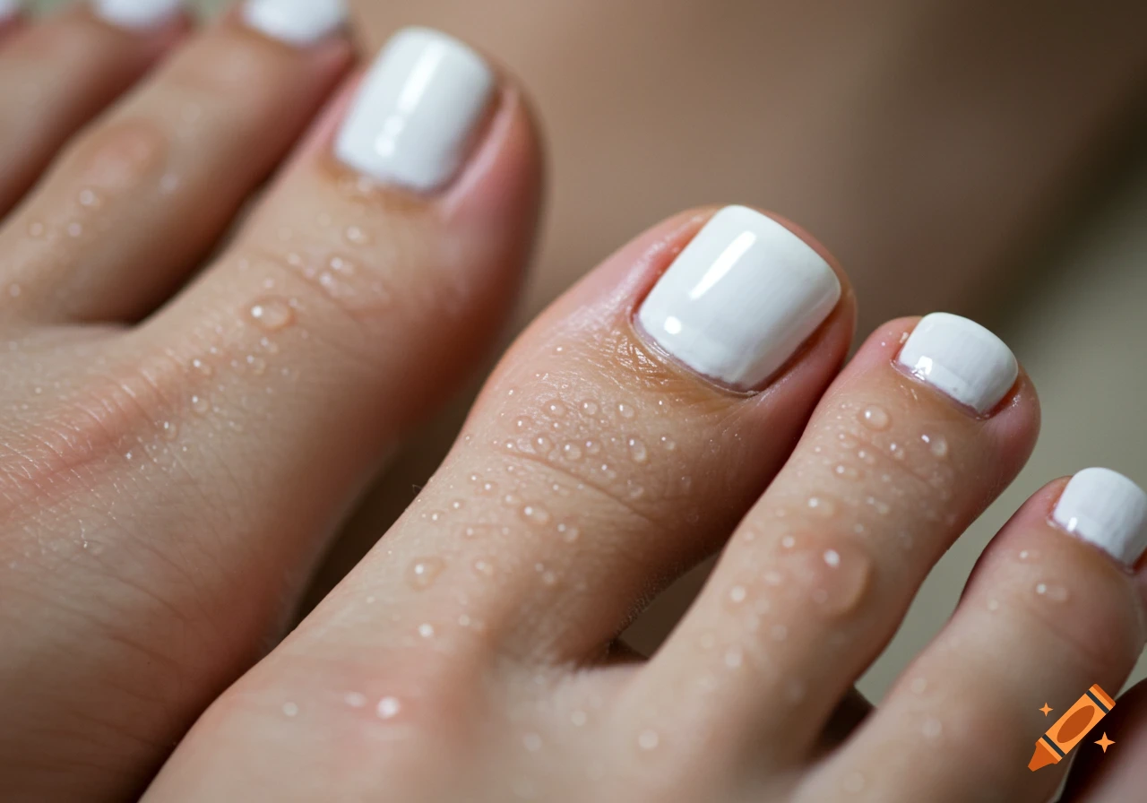 Close-up of feet with white nail polish covered in water droplets.
