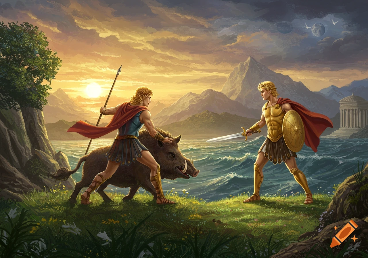 Mythical figures in ancient armor hunt a boar by the sea near a temple at sunset