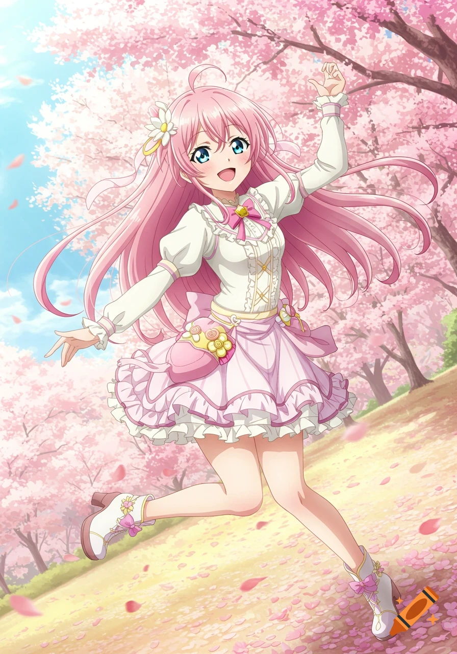 An anime girl with pink hair and a pink dress runs through a park filled with cherry blossoms.