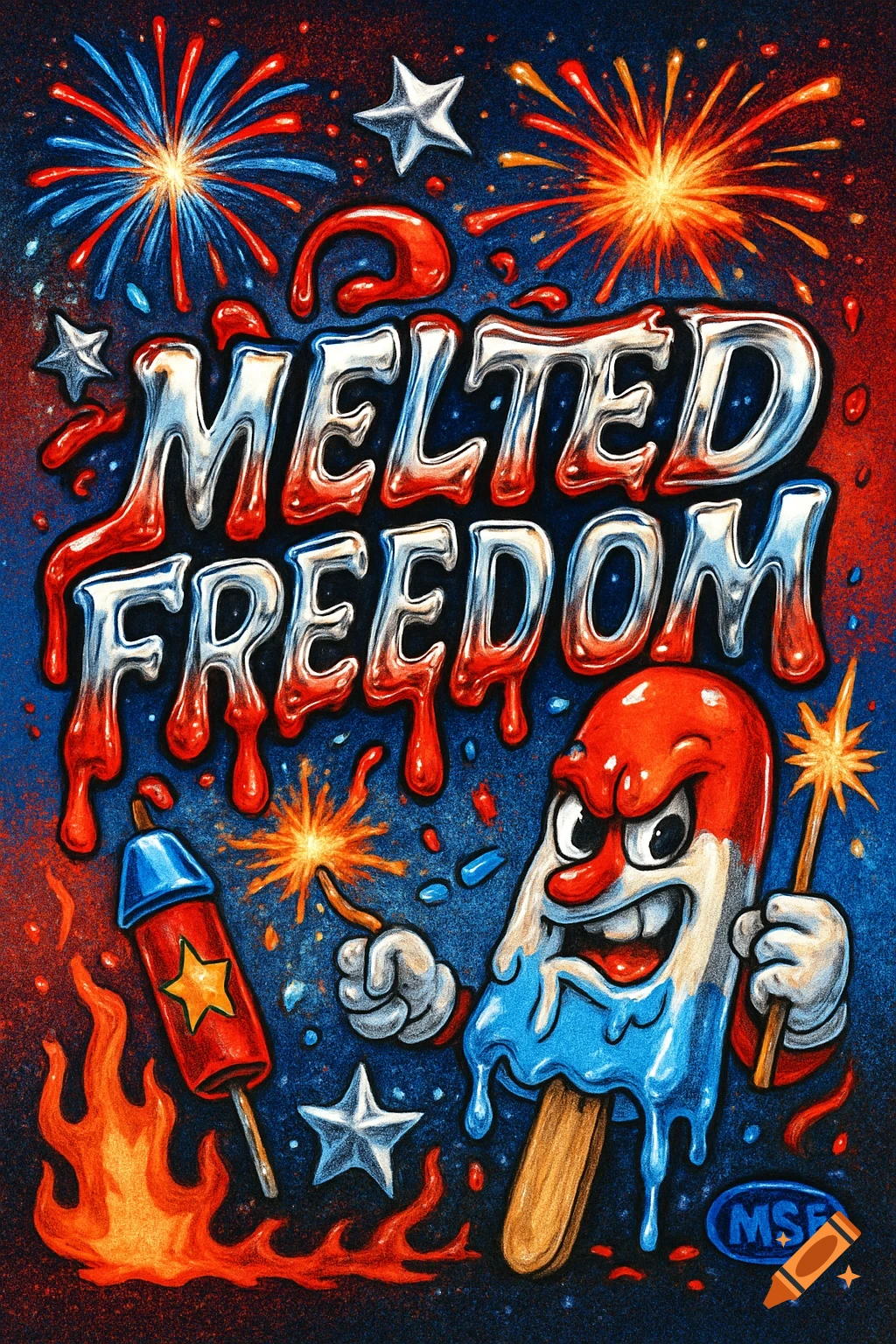 A melting bomb pop character holds a sparkler next to a firework, with "MELTED FREEDOM" text above.