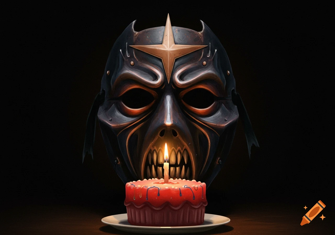 A dark, menacing mask with a star on its forehead peers over a red birthday cupcake with a lit candle on a dark background. Digital art.