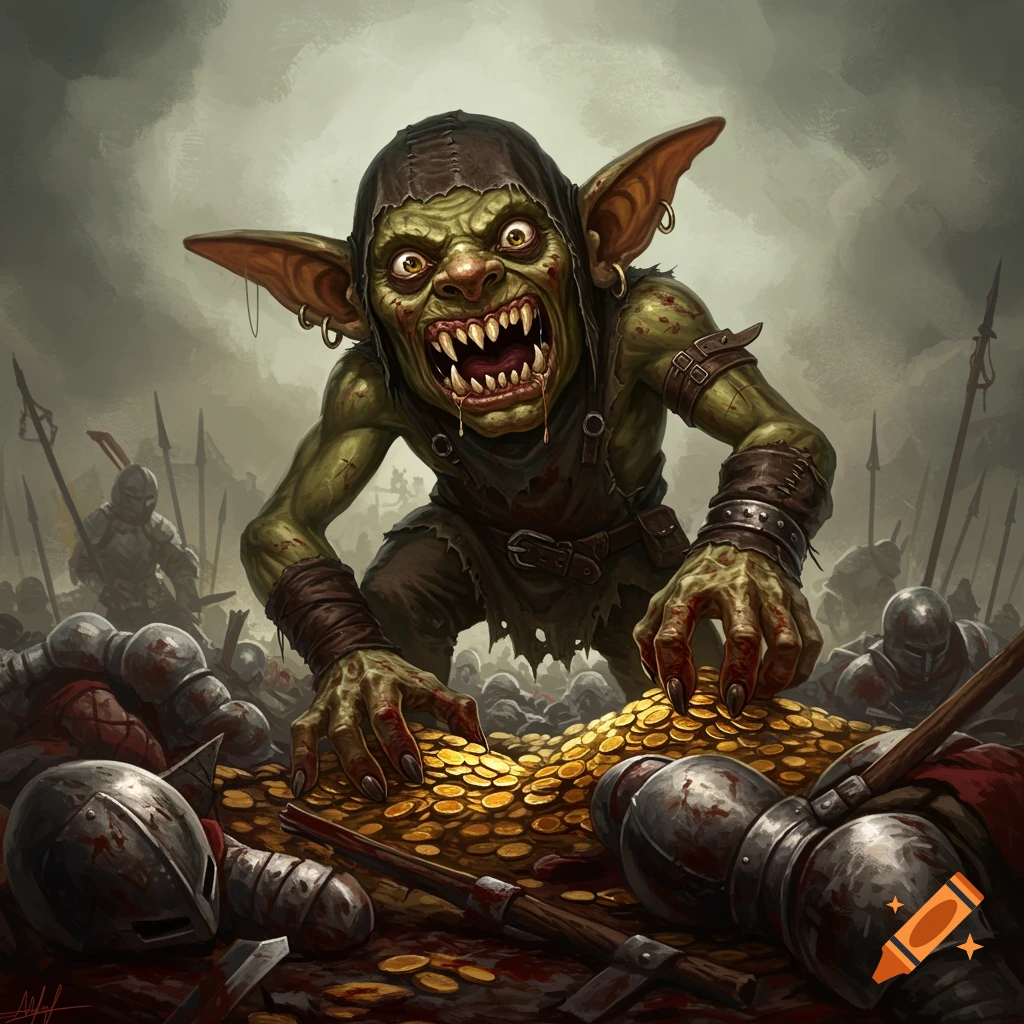 A fierce goblin crouches over a pile of gold amidst dead knights and weapons on a battlefield, in a fantasy illustration style.
