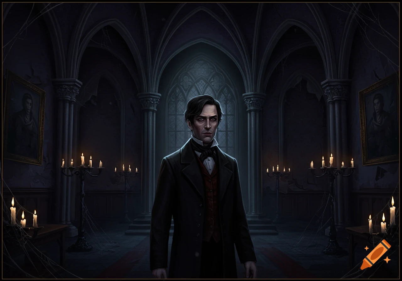 A pale man in a suit stands in a dark, decaying gothic hall with candles and paintings.