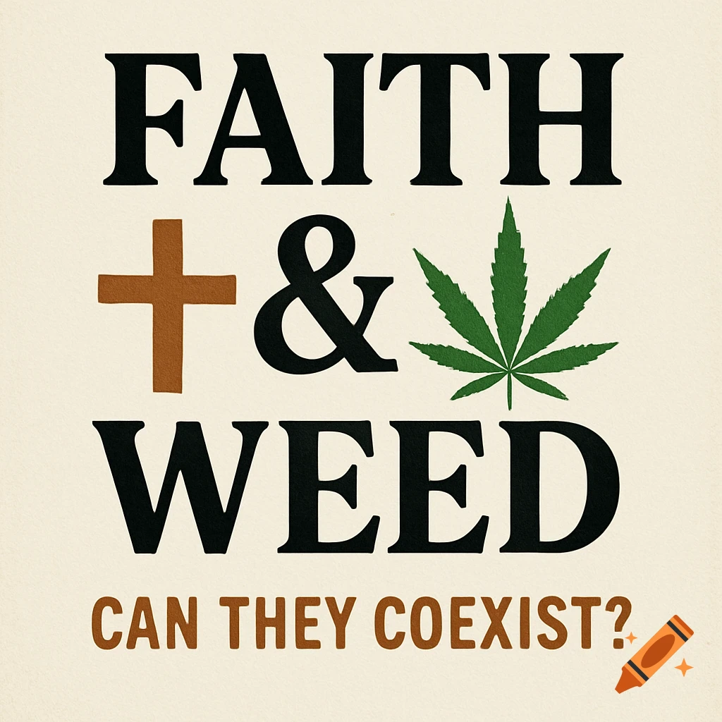Bold text 'FAITH & WEED CAN THEY COEXIST?' with a brown cross and green cannabis leaf icons.