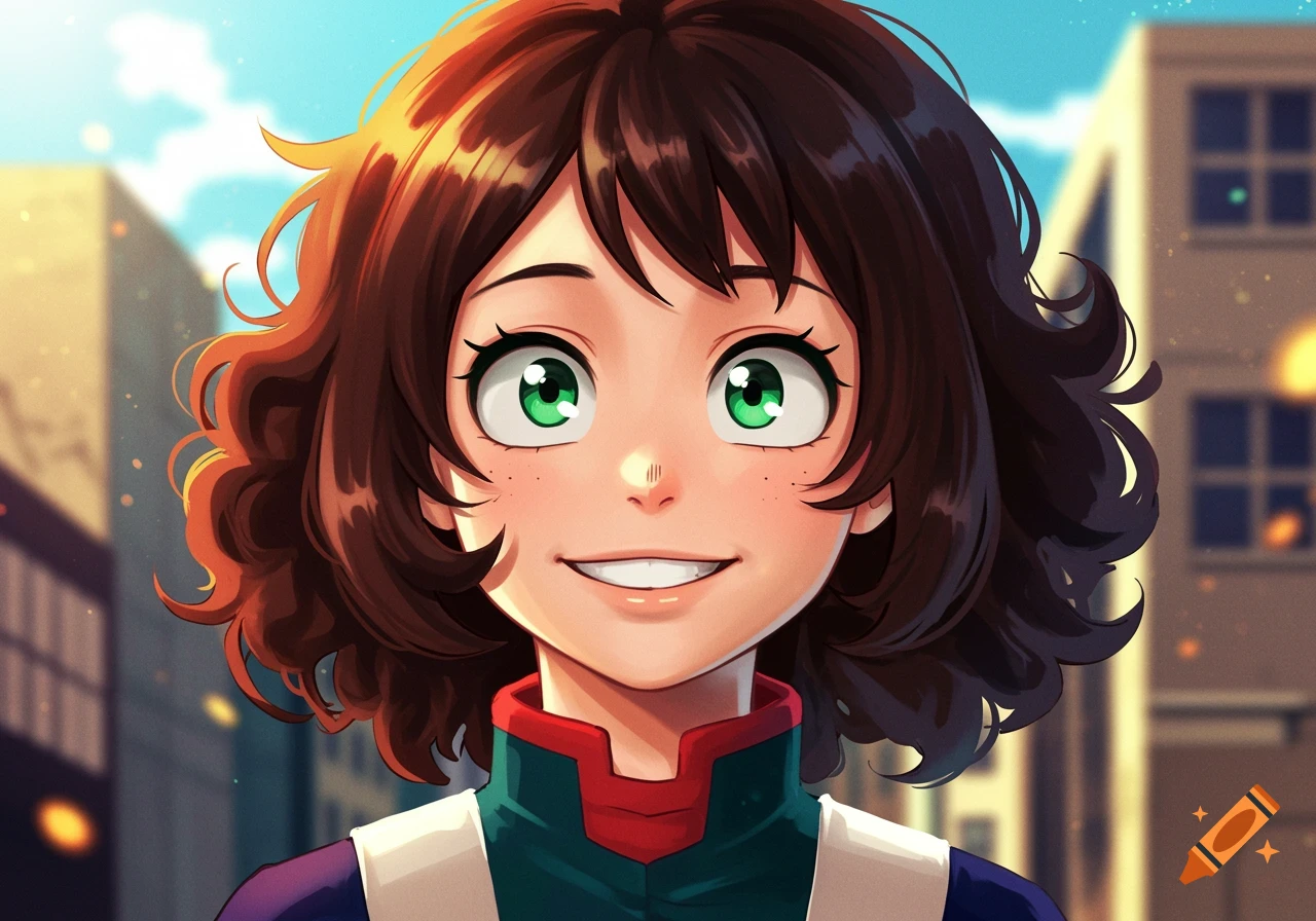 Close-up anime portrait of a smiling girl with brown curly hair and green eyes in a hero costume.