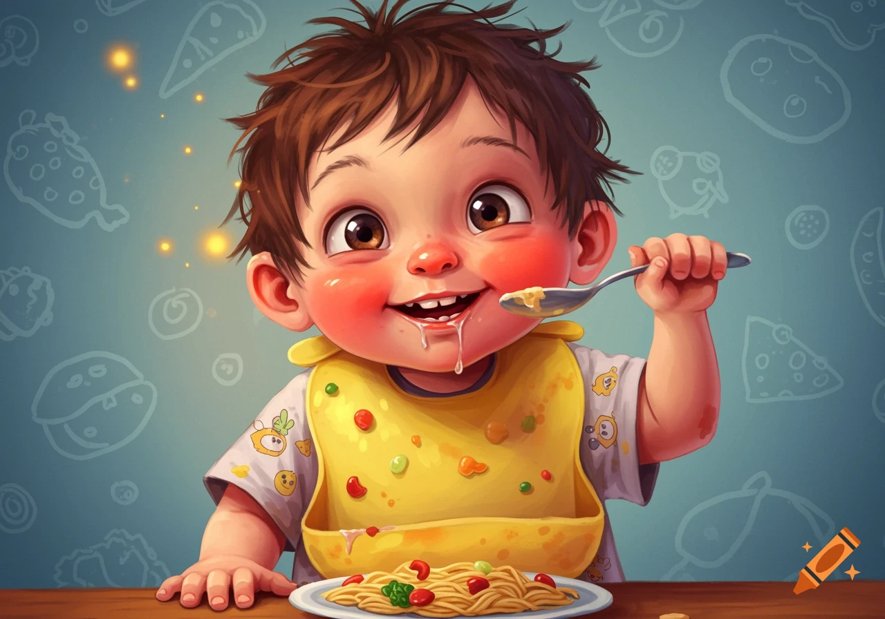 Cartoon illustration of a baby happily eating spaghetti with a spoon.