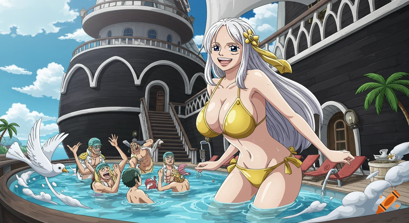 Anime scene of a woman in a yellow bikini standing by a pool on a ship's deck with other characters.