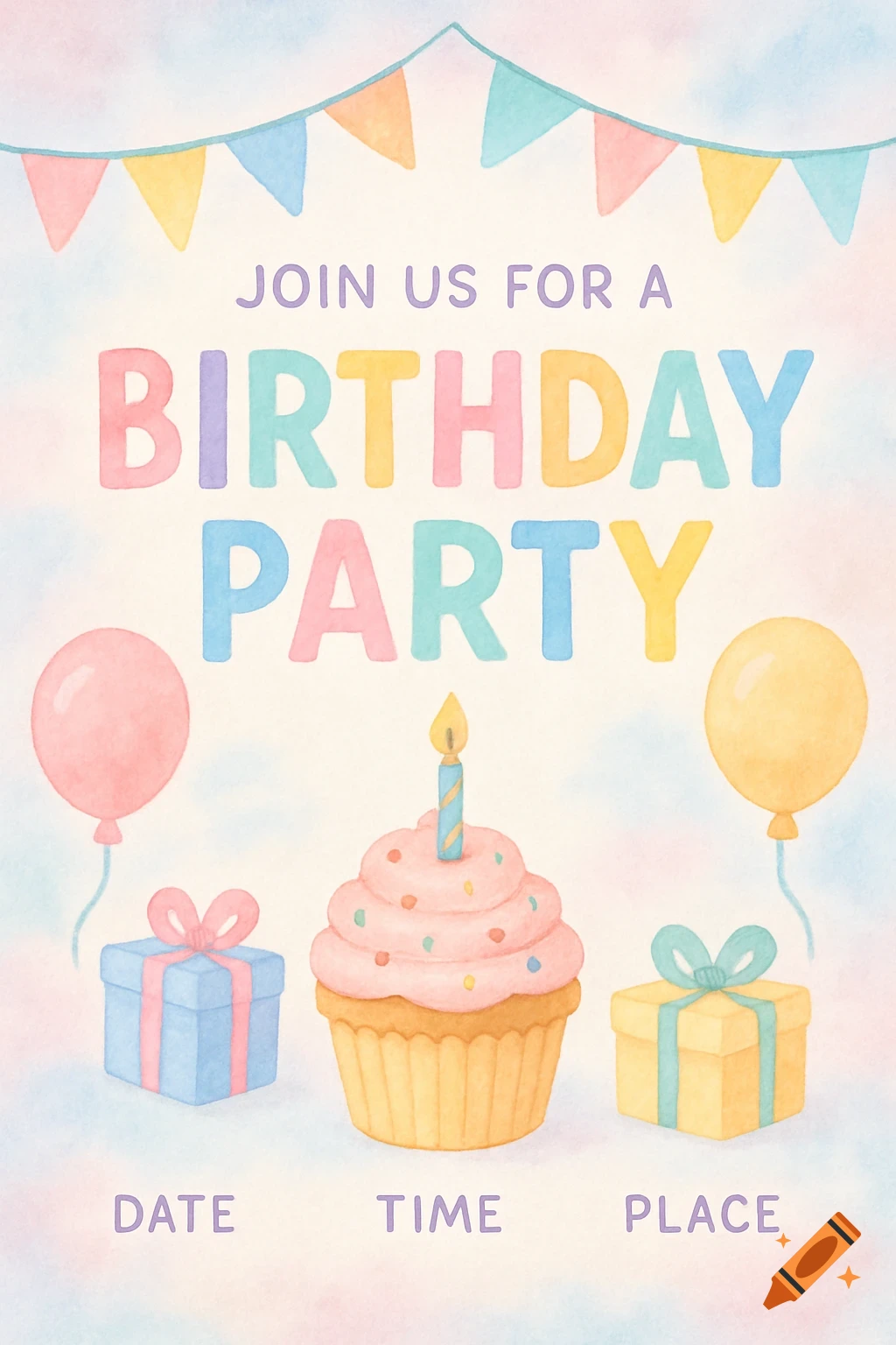 Watercolor birthday invitation with cupcake, balloons, gifts, and party banner