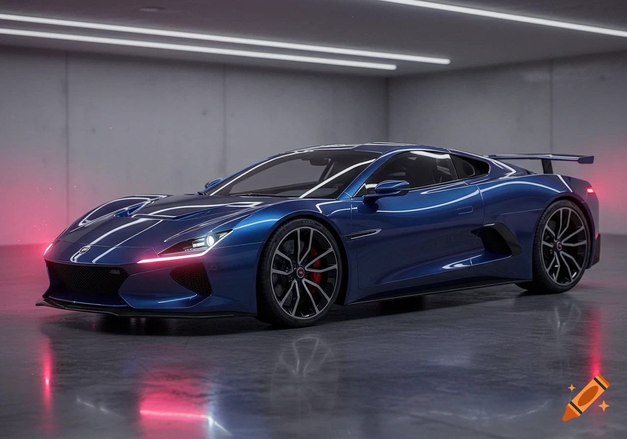 A shiny blue futuristic sports car parked in a modern garage.