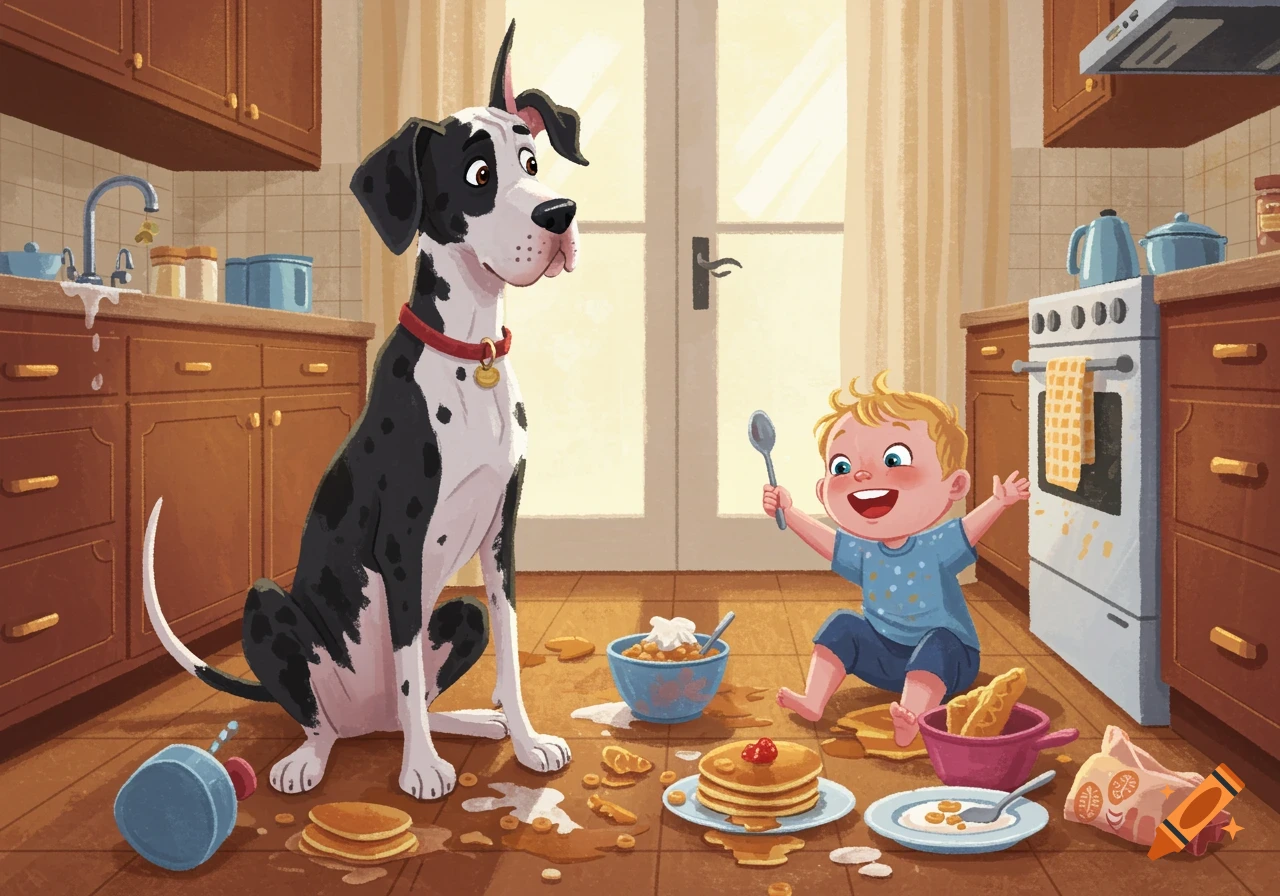 A large black and white Great Dane sits in a messy kitchen watching a happy toddler surrounded by spilled pancakes and cereal in a children's book illustration style.