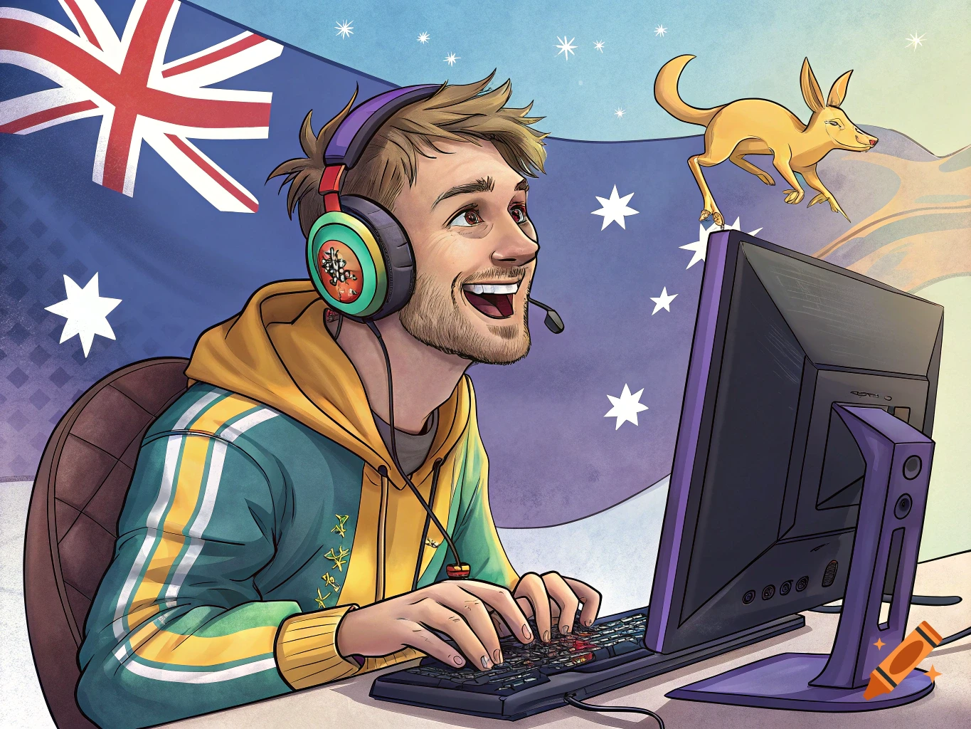 Illustration of a man gaming with headphones, an Australian flag, and a kangaroo behind him.
