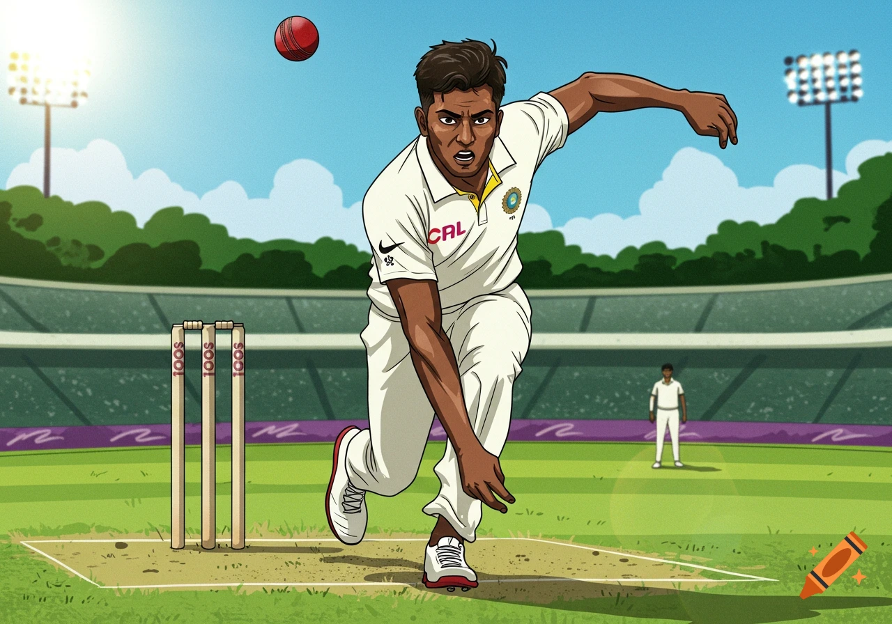 An illustration of a cricketer bowling a ball in a stadium.